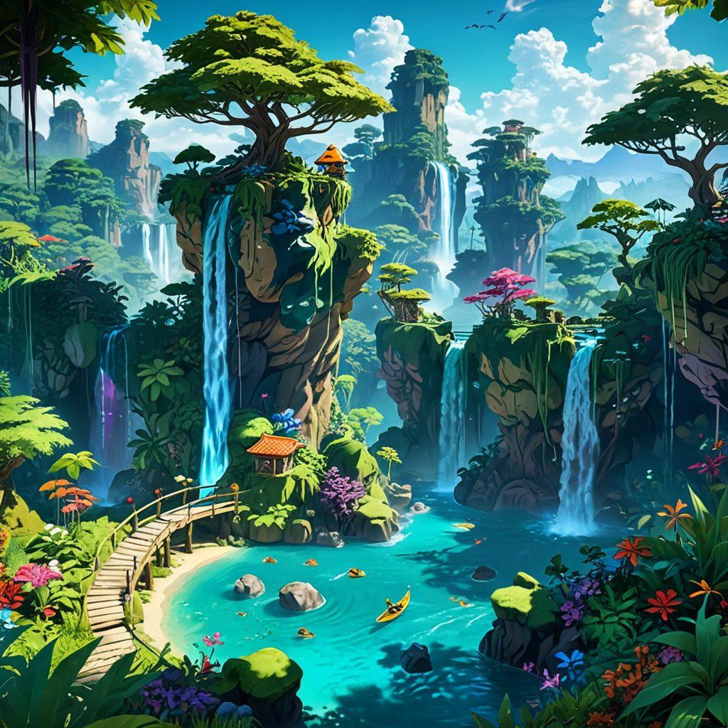 An enchanting scene depicting a blend of animated fantasies and interactive adventures, featuring vibrant, colorful characters from various hentai games, engaging in playful and whimsical activities. The background showcases a fantastical landscape filled with dreamlike elements such as floating islands and sparkling waterfalls, enhancing the sense of adventure. Include subtle hints of gameplay elements like controller buttons and video graphics integrated into the environment. cinematic style. vibrant colors. 3D.