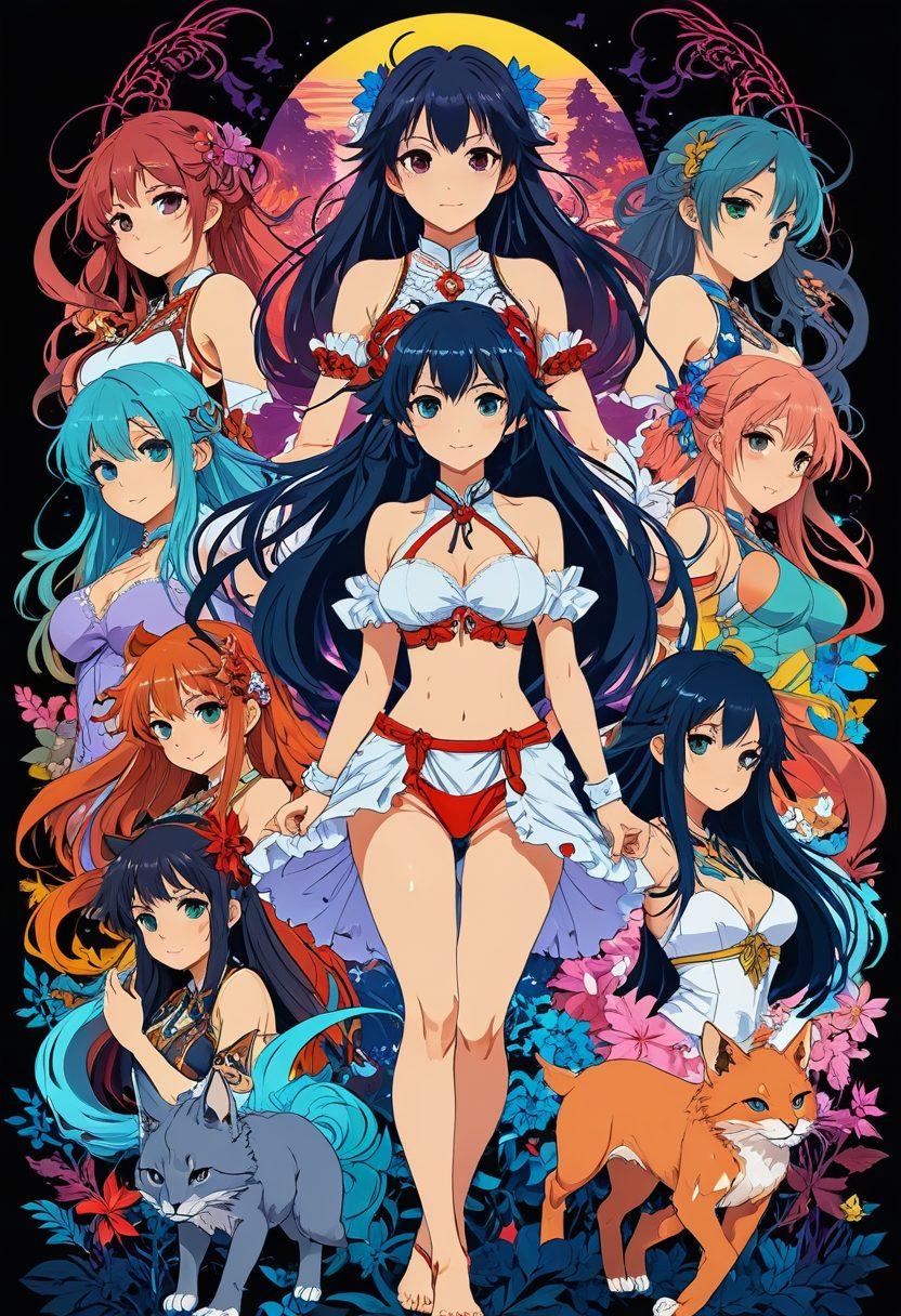 A visually striking collage featuring iconic elements of hentai, including stylized characters in vibrant colors, playful poses, and intricate backgrounds that reflect various anime art styles. Showcase scenes that blend fantasy and adventure with elements of adult animation, while maintaining an artistic and playful tone. Include soft glowing lights to create an enchanting atmosphere. vector art. vibrant colors. 3D effect.